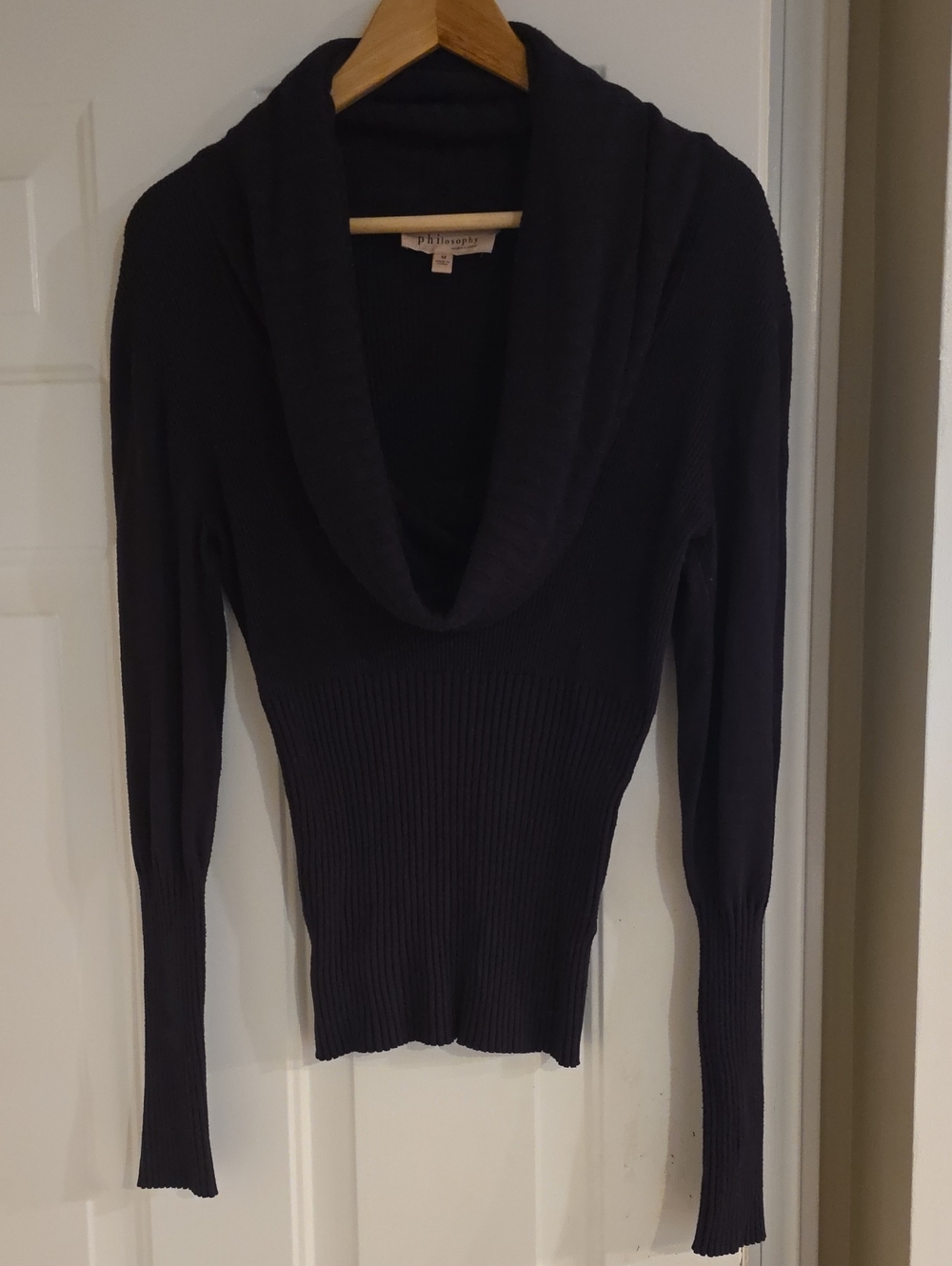 Philosophy Black Cowl-Neck Slim Ribbed Sweater